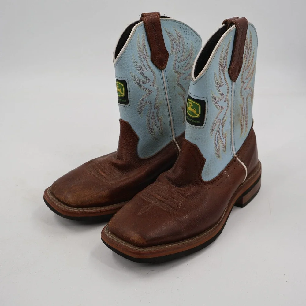 John Deere Western Cowboy Boots Boys Size 3M Brown Blue Leather JD2316